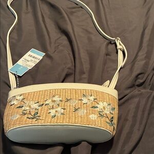 Woven Straw Crossbody Bag with White Floral Embroidery